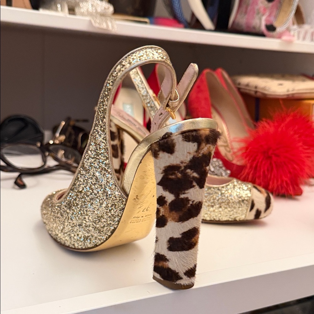 Miu Miu Gold Glitter and Leopard Print Heels - Picture 2 of 3